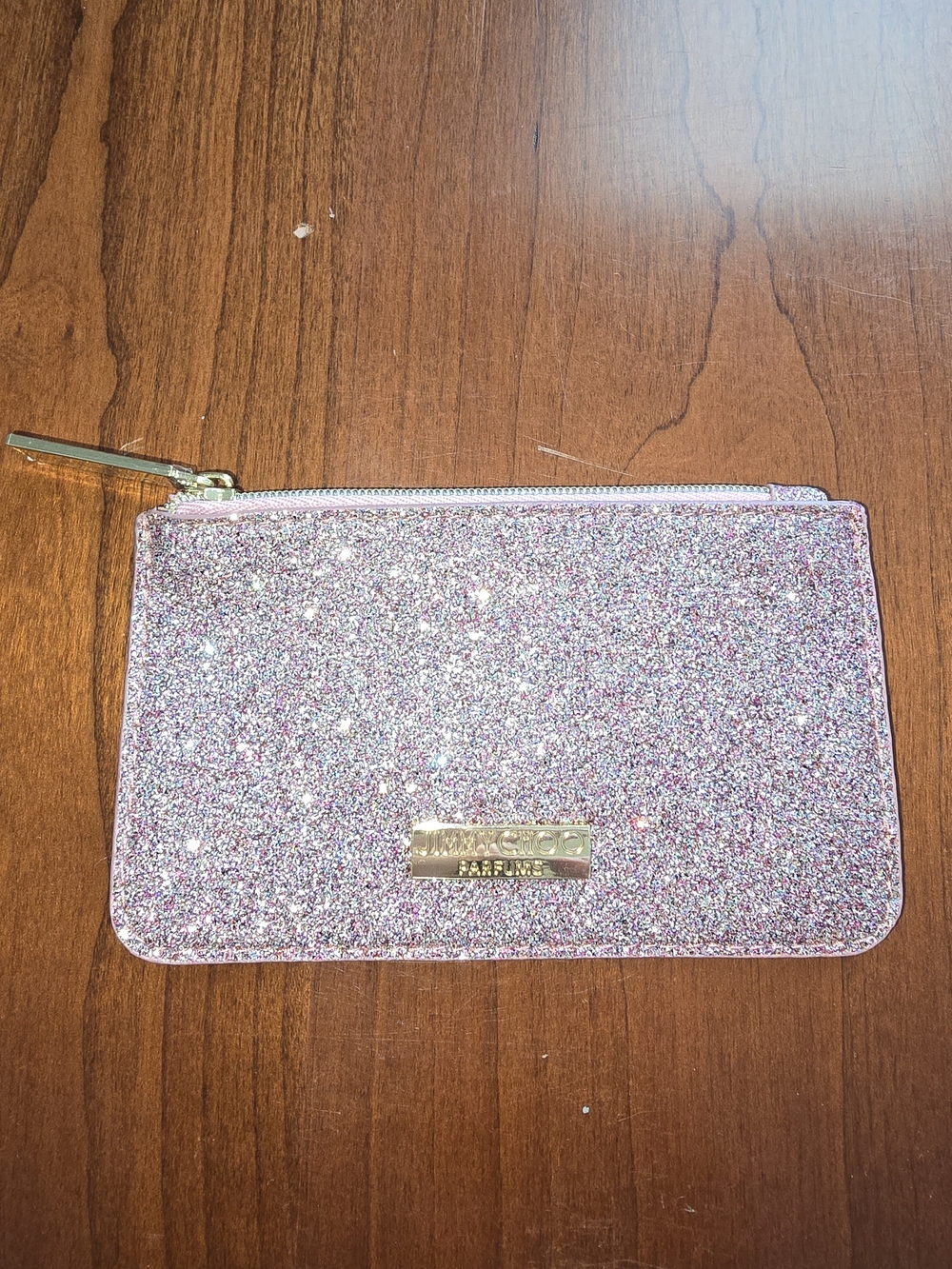 Jimmy Choo ParfumsSparkling Pink Glitter Zip Cosmetic Pouch with Gold Logo Plate